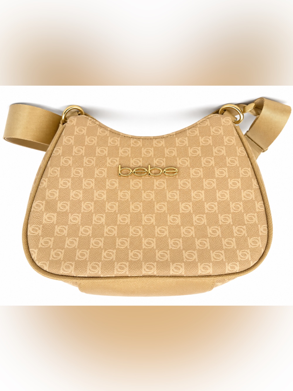 bebe Tan Logo-Print Mini Crossbody with Gold Hardware